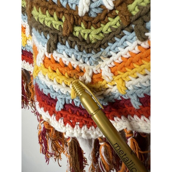 VTG Gap Kids Rainbow Hooded Poncho Fringe 90's Cotton Crochet Sz M/8 Retro - Picture 9 of 9